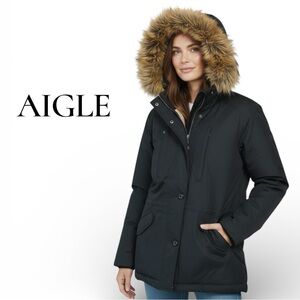 AIGLE Women’s Black Down Parka Fur Trim Hood Size 42 Winter Coat